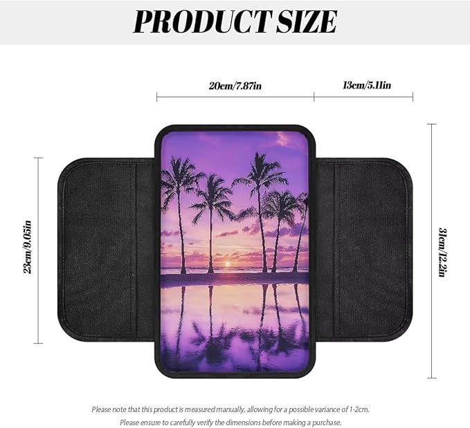Dreaweet Purple Beach Palm Tree Center Console Cover with Pockets,Hawaiian Style Car Armrest Cover for Women Soft Car Arm Rest Cover Pad,Universal Center Covers for Car SUV Trucks
