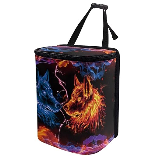 DISNIMO Blue Flame Wolf Car Trash Can, Car Trash Bag Hanging Large Capacity Car Organizer and Storage with Adjustable Straps, Leakproof Trash Bin Interior Car Stuff Storage