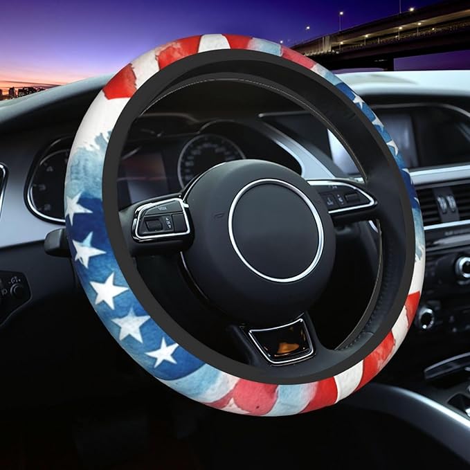 American Flag Cute Steering Wheel Cover Non-Slip Breathable Sweat-Absorbent Suitable for SUV Van Truck Car Universal Protection Accessories 15 Inch Suitable for Women Men