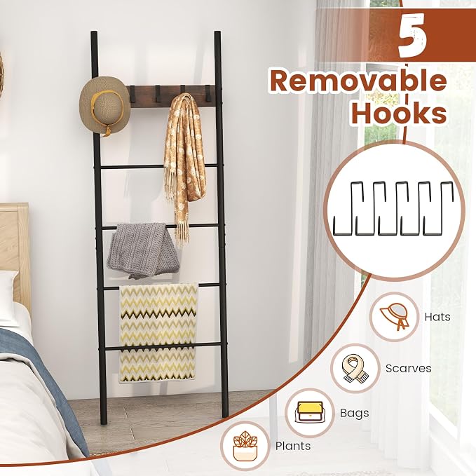 S AFSTAR Wall Leaning Blanket Ladder, 5-Tier Ladder Shelf with 5 Removable Hooks, Industrial Blanket Holder Rack, Drying and Display Rack for Bathroom, Living Room, Entrance, Rustic Brown