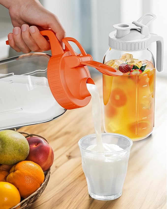 2 Pack Glass Mason Jar Pitcher with Lid, 64 oz (2 Quart) Leakproof Water Pitcher with Handle for Sun Tea, Cold Brew, Milk & Juice, White & Orange