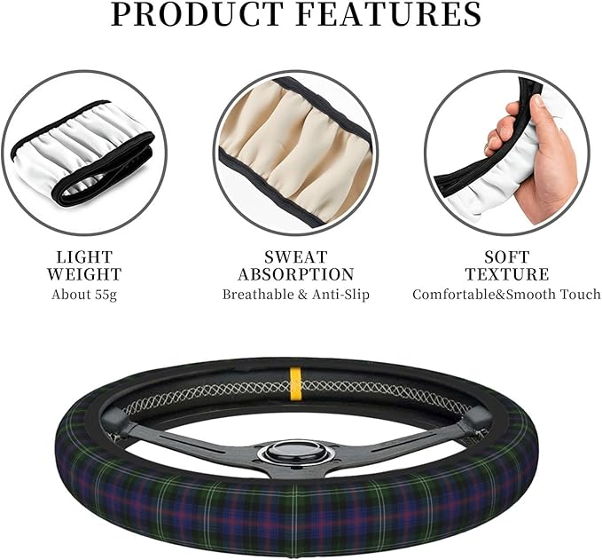 Thickened Elastic Steering Wheel Cover, Plaid Clan Sutherland Purple Green Check Tartan Ultra, Soft, Breathable, Fit for Cars, SUVs, Trucks, Stylish Comfortable Grip