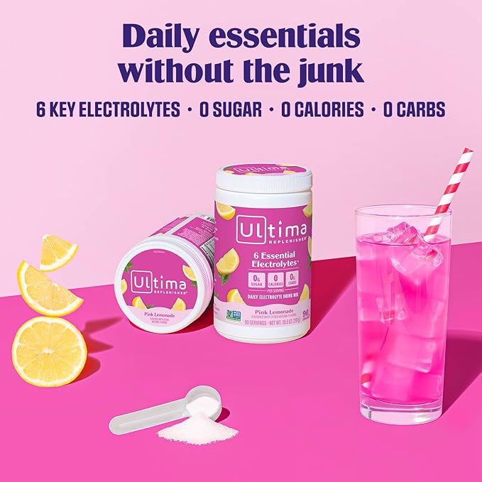 Ultima Replenisher Daily Electrolyte Powder Drink Mix – Sugar Free – Pink Lemonade, 90 Serving – Hydration Powder with 6 Key Electrolytes and Trace Minerals – Keto Friendly, Vegan, Non-GMO