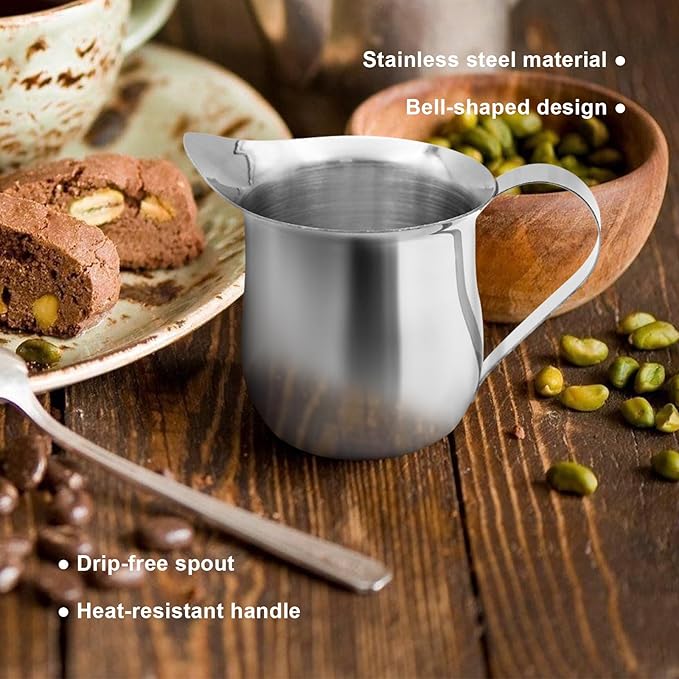 3 Oz Small Creamer Pitcher, Stainless Steel Bell Creamers, Mini Creamer Dispenser with Pouring Spout for Cream, Milk, Salad Dressing, Maple Syrup (2)