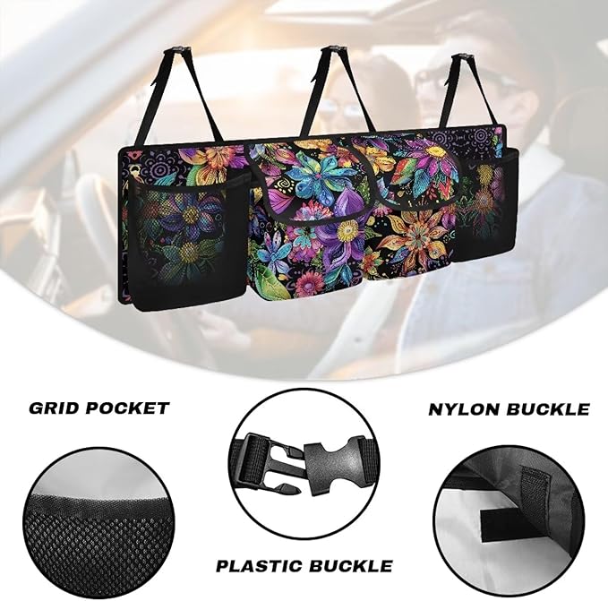 Flower Printed Car Truck Organizer for Women Backseat Hanging Organizer with 4 Storage Pockets Car Seat Organizer for SUV, Truck, Sedan, Space Saving Expert