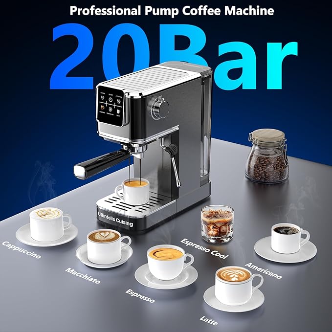 Espresso Machine 20 Bar,Touch Screen Espresso Maker with Steam Milk Frother,Stainless Steel Expresso Coffee Machine for Cappuccino Latte Cold Brew,1350W Fast Heat Up System,Black