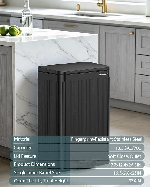 Lovewind Kitchen Trash Can, 18.5 Gallon / 70L Large Kitchen Garbage Can with Soft Close Lid – Pet Resistant, Removable Inner Bucket, Stainless Steel Trash Bin Perfect for Big Families, Black