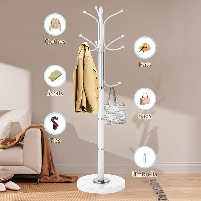 OIRUMIE Coat Rack with Natural Marble Base, Metal Modern Coat Racks Freestanding, Coat Rack Stand with 12 Hooks, Coat Tree Hats Hanger Stand for Entryway, Hallway (12 Hooks-White)