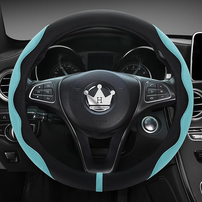 Luxury Suede Steering Wheel Cover for Cars, Soft Leather Padded Wheels Cover for F150, Trucks, Jeep, Van, Auto Thin Large Car Handle Cover, Universal Fit, Anti Slip, 15.2-16in, Green