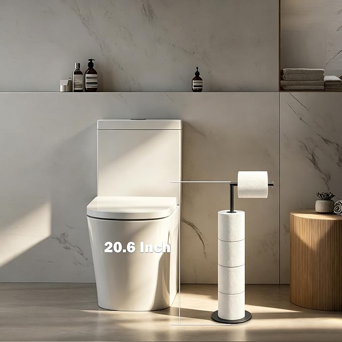 NearMoon Bath Toilet Paper Holder Stand- Modern Tissue Roll Holder Standing with Balanced Base, Rustproof Toilet Roll Holder for Bathroom/Kitchen Countertop (Matte Black, Metal Base)