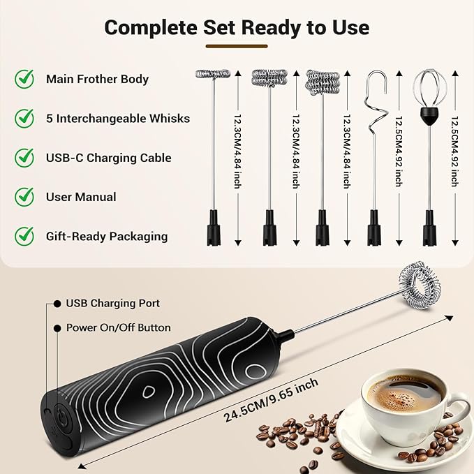 Milk Frother Handheld Rechargeable - 2-Speed Electric Whisk with 5 Detachable Heads (Frother/Mixer/Whisk) for Coffee, Latte, Cappuccino & Matcha, Drink Mixer (Flower 18)