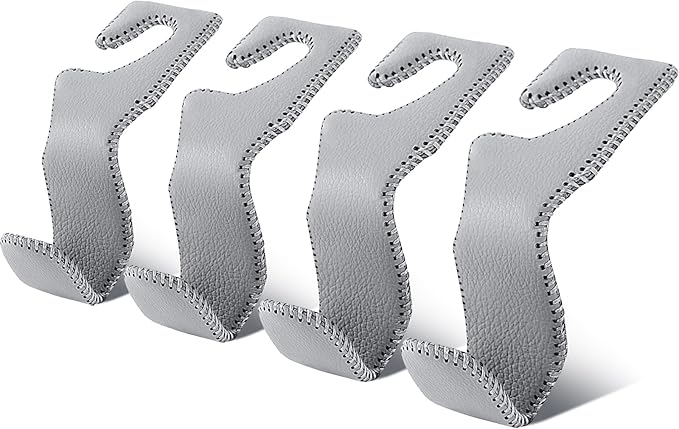 Car Seat Hooks for Purses and Bags, 4 Pack Car Purse Holder for Grocery Bag Handbag Clothes, Metal Headrest Hooks Covered by Leather, Gray