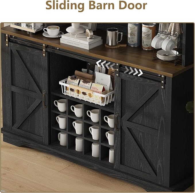 55 Inch Farmhouse Coffee Bar Cabinet with 3-Tier Enclosed Storage Cabinet, Kitchen Hutch with 12 Wine Racks & 3 Glass Holders, Coffee Bar with 6 Hooks, Wood Furniture for Dining Living Room, Black