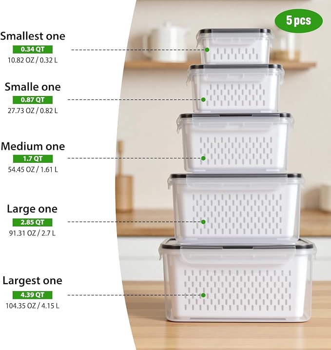 5 PCS Fruit Storage Containers for Fridge, Leakproof Produce Containers for Fridge with Removable Colander, Microwave/Dishwasher Safe Fruit Washing Bowl Keep Fruits, Vegetables, Berry Fresh longer