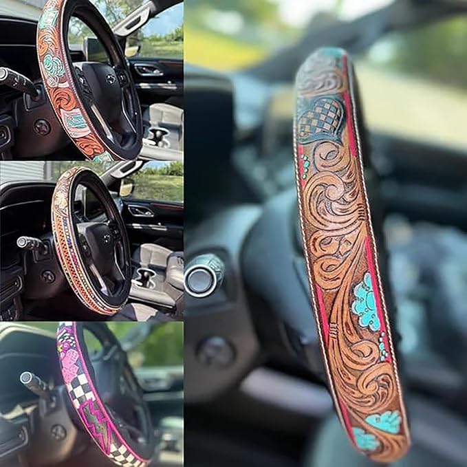 Western Steering Wheel Cover 14.5–15" – Retro Tooled Leather Pattern, Universal Anti-Slip Car Accessories for Trucks SUVs Cars, Boho Cowgirl/Cowboy Gift (F)
