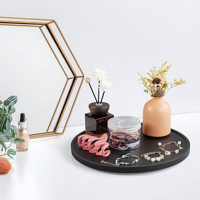 12 Inch Wood Round Tray, Wooden Decorative Serving Coffee Table Tray Centerpiece Candle Holder for Black Kitchen Dining Room Home Decor Coffee Table Decor and Accessories