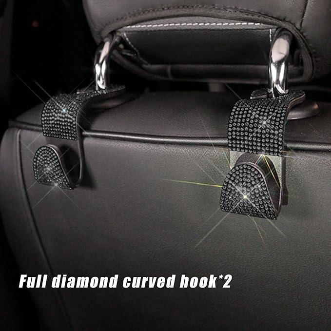 4PCS Bling Car Seat Headrest Hooks, Auto Back Seat Hanging Storage Organizer for Purse Handbag Coat, Rhinestone Vehicle Seat Hanger Holder for Women Girls, Car Accessories (Black)