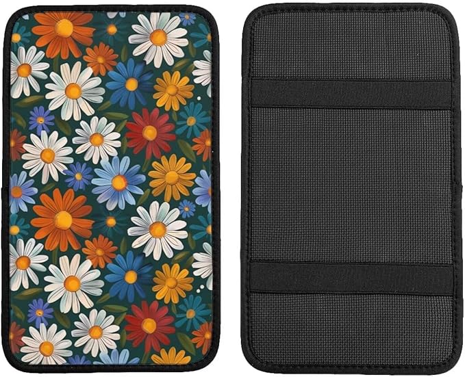 Hippie Floral Car Center Console Armrest Pad Daisy Cute Auto Armrest Seat Box Cover Protector for Vehicle SUV Truck Sedans Universal Car Interior Accessories