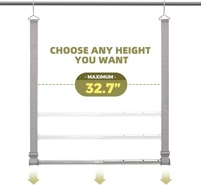 Hanging Closet Rod, 17-28In Width and Up to 32In Height Closet Extender, Double Hanging Bar with Powder-Coated Metal Pole and Adjustable Webbing, Space-Saving Tension Organizer, 1 Pack