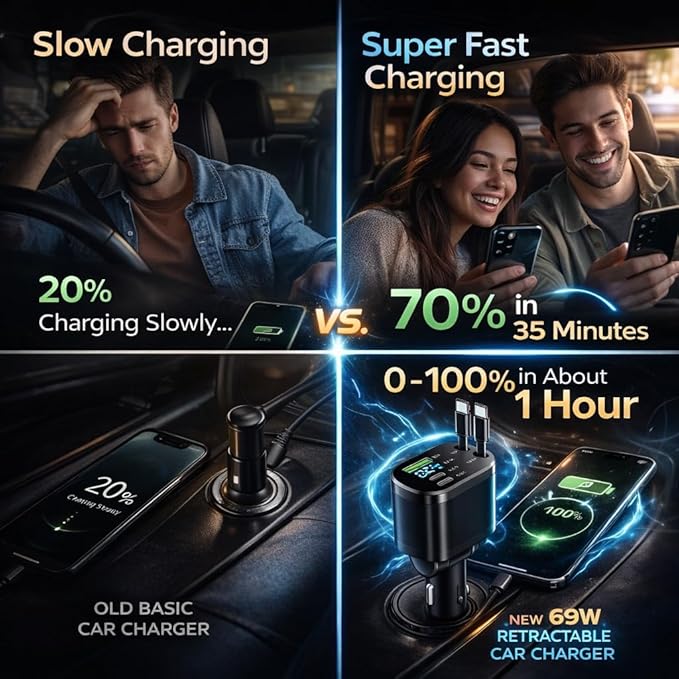 Mizi [2025 Upgraded] Retractable Car Charger 5 in 1, 69W Fast Charging with 2X Retractable Cords [Type-C], 2X Type-C & 1X Type-A Port for iPhone 16/15/14/13/12, Samsung, and More – Black
