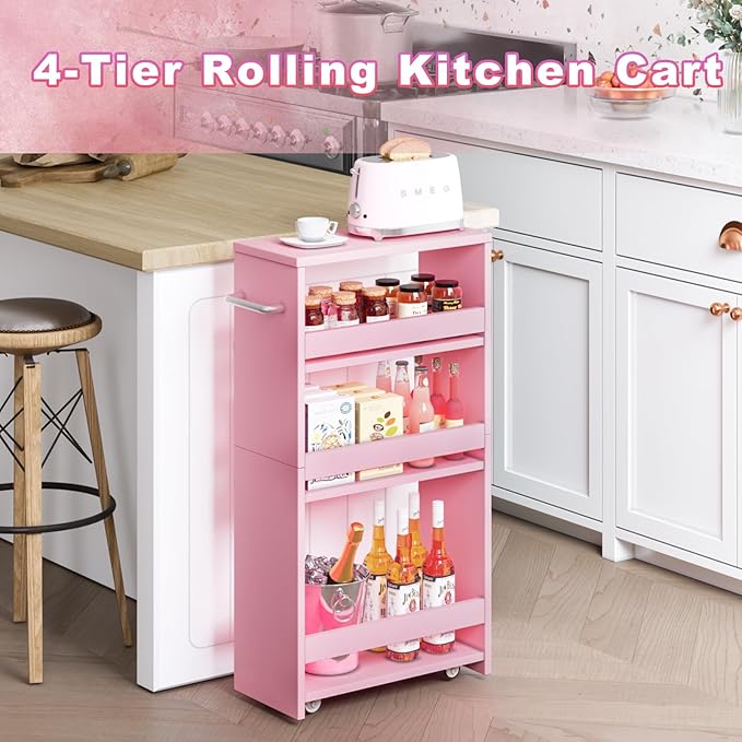 MARTY Rolling Storage Cart 7.9" W, 4-Tier Kitchen Cart with Wheels Handle, Slim Storage Cart Mobile Shelving Utility Carts for Bathroom Laundry Room Organization Narrow Places (Pink)