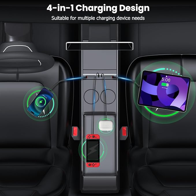 USB Charger Hub Compatible with Tesla Model 3 Highland 2024-2025/Model Y Juniper 2025 2026, 122W 4-Port Retractable Phone Charger Fast Charging Cables for Center Console