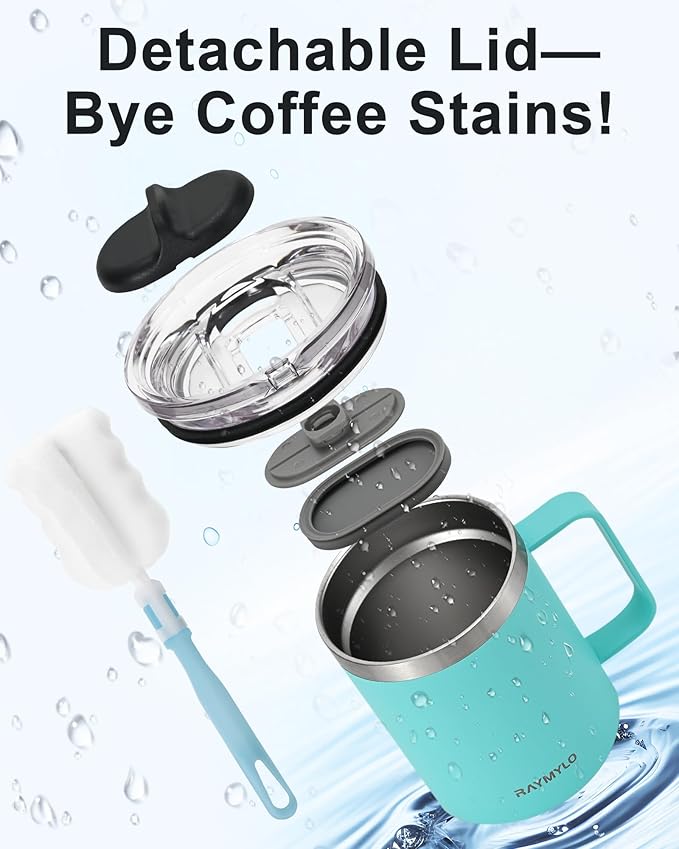 Insulated Coffee Mug 12 oz, Double Wall Stainless Steel Coffee Mug with Lids, Leak-Proof & Detachable Slider Lid for Thorough Clean, Keeps Coffee Cold for 9 Hrs, Suitable for Camp Home Office