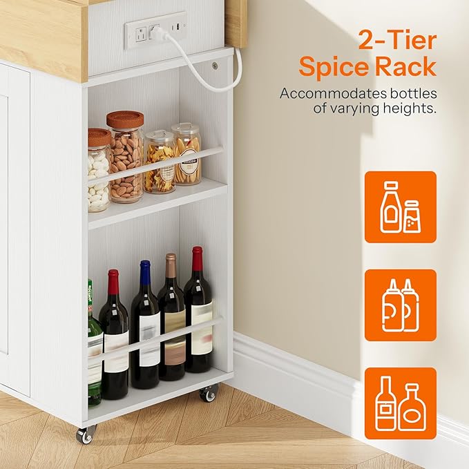 HOOBRO Kitchen Island with Trash Can Storage, Island Table with Drop Leaf Countertop, Rolling Kitchen Cart on Wheels, Storage Island with Power Outlet & Spice Rack, White and Natural WN33UZD01