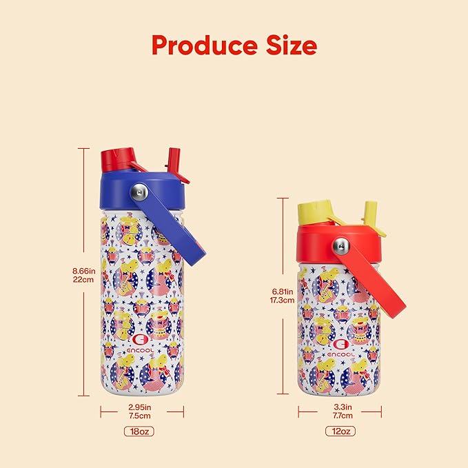 Kids Insualated Water Bottle with Straw,12oz Stainless Steel Water Bottle with Dual Spouts, Leak-Proof,BPA-Free,Double Wall Vacuum Keeps Cold for 24 Hours for Sports,Travel,School (White Hippo Parade)