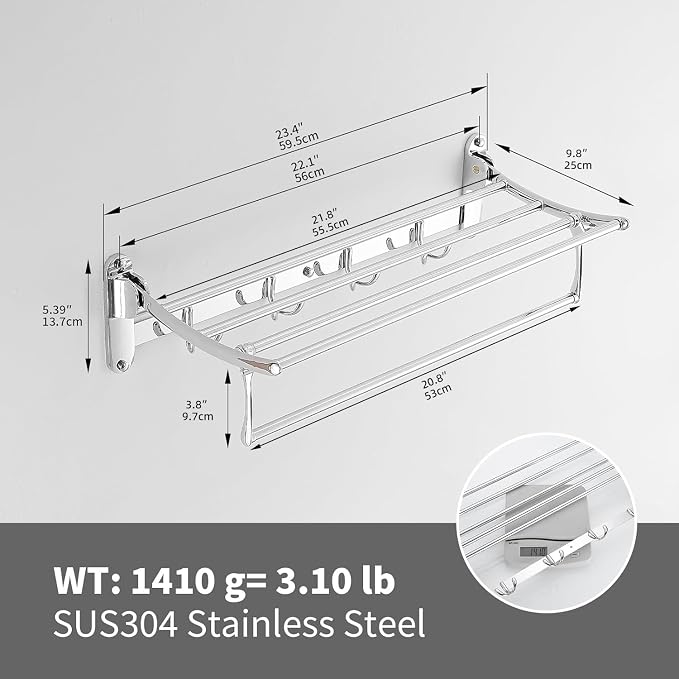 BESy 24 Inch Polished Chrome Towel Racks, Bathroom Towel Shelf with Foldable Towel Bar Holder and Towel Hooks, Wall Mounted Multifunctional Bathroom Accessories, Double Towel Bars
