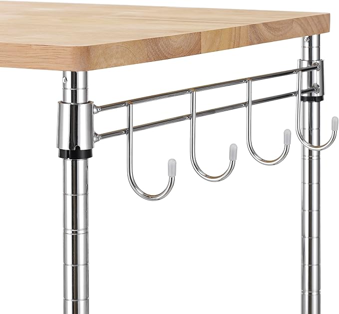 Finnhomy 3-Tier Rolling Kitchen Cart, Microwave Cart with Oak Wood Tabletop and Drawer Slider, Coffee Cart & Food Service Cart with Hooks, Chrome