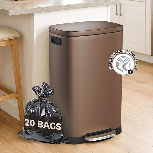 ELPHECO LPHECO Kitchen Trash Can with Lid Soft Close, 13 Gallon / 50L Stainless Steel Pedal Garbage Can, Heavy-Duty Step Wastebasket with 20 Bags, Removable Bucket, Home Office, Kitchen, Brown