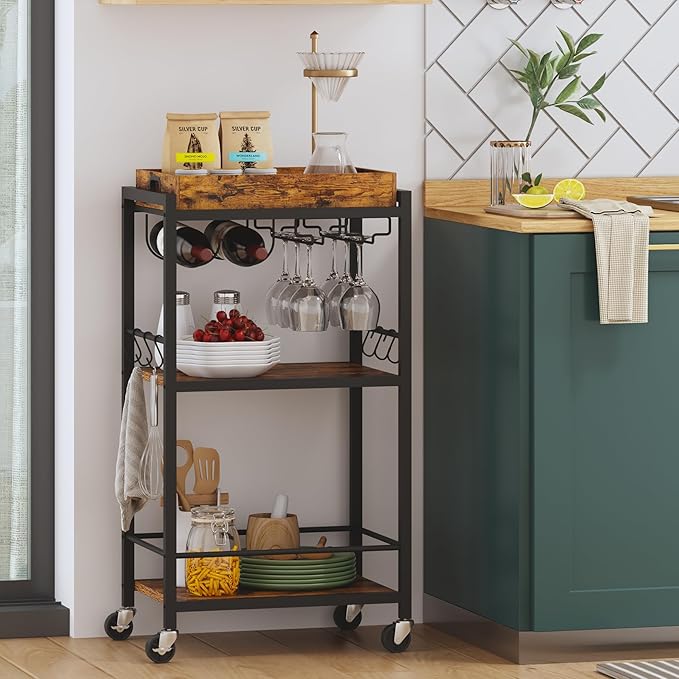TUTOTAK Bar Cart with Removable Tray, Home Bar Serving Cart, Drink Cart, Mobile Kitchen Shelf with Wine Rack and Glass Holder, Rolling Beverage Cart for Living Room, Kitchen, Brown BC01BB036