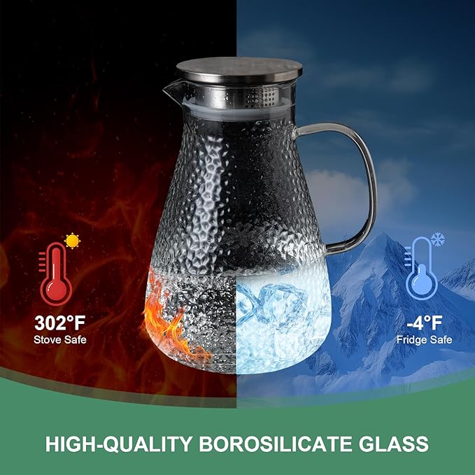 2.0 Liter 68 oz Glass Pitcher with Lid and Spout, Glass Carafe for Hot/Cold Water, Large Iced Tea Pitcher for Coffee, Milk,Juice and Homemade Beverage,Iced Coffee, and Container for Drinks