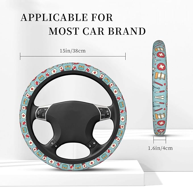 Nurse Whimsy Blue Universal Fit Steering Wheel Cover for Car, Truck, and SUV, Durable Steering Wheel Protection