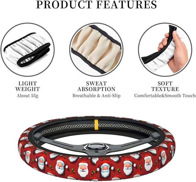 Red Santa Pattern Universal Fit Steering Wheel Cover for Car, Truck, and SUV, Durable Steering Wheel Protection