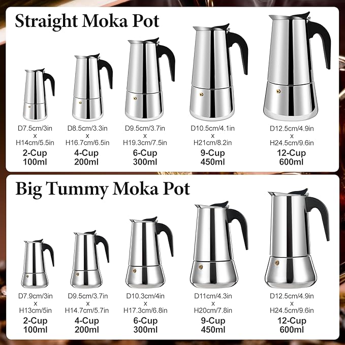6 Cup Moka Pot Percolator Italian Coffee Maker 300ml Stovetop Espresso Mocha Stainless Steel Greca Coffee Maker Classic Cafe Makers Suitable for Induction Cookers Ceramic Stoves Straight