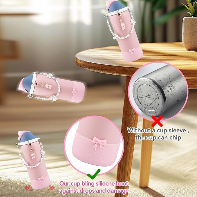 Water Bottle Accessories Set for Owala FreeSip 24oz、32 oz– Includes Pearl Handle Strap, Bow Charms,2.9in .3inch Silicone Bling Boot for Owala Accessories for Women