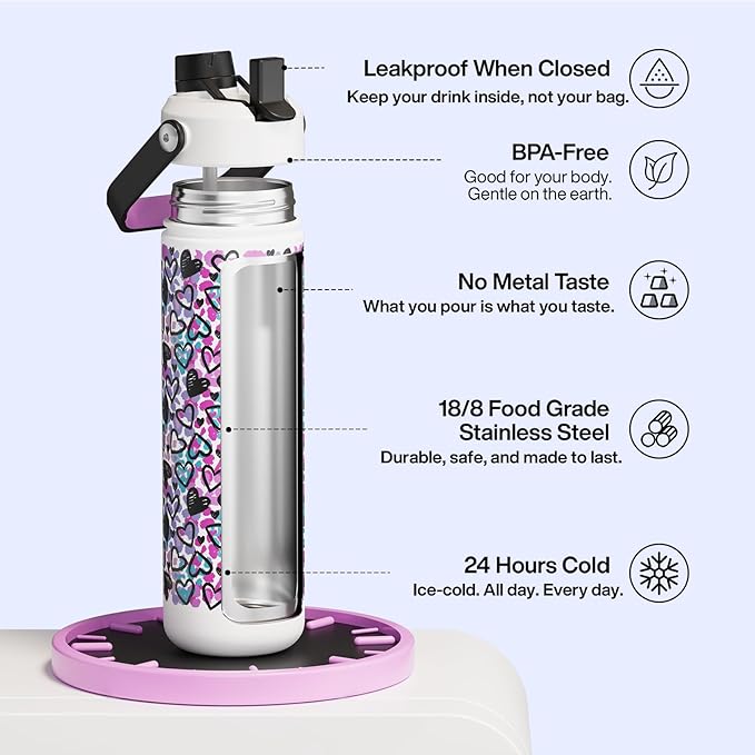 ENCOOL Insulated Water Bottle with Straw Stainless Steel Water Bottle, Glow in the Dark, Leak-Proof, BPA-Free, Keeps Cold for 24 Hours for Sports, Travel, School (26 oz, Graffiti Hearts)