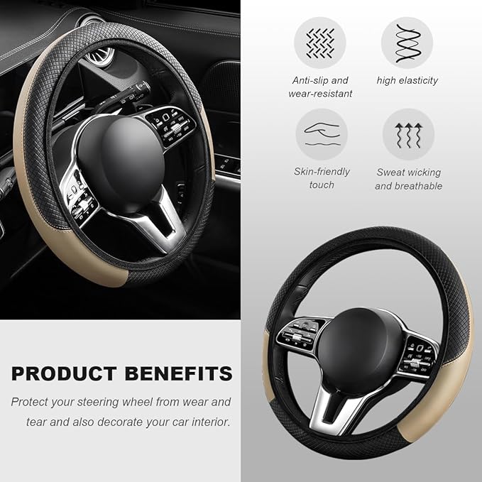 Car Steering Wheel Cover, 15 Inch Carbon Fiber Elastic Vehicle Steering Wheel Protector, Breathable Leather Auto Wheel Covers for Women Men, Interior Car Accessories (Beige, AD)