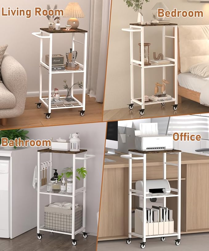 Kitchen Microwave Stand Cart with Storage Rack | 3-Tier Rolling Kitchen Side Table on Wheels with 8 Hooks, Utility Small Coffee Shelf Organizer for Living Room, Bedroom, Bathroom, Office, White