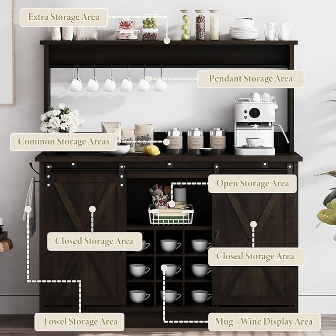 4ever2buy Farmhouse Coffee Bar Cabinet with Hutch and 6 Hooks, 47 Inch Wine Cabinet with Storage, Kitchen Buffet Cabinet with Adjustable Shelves &9 Wine Racks for Living Dining Room, Dark Oak