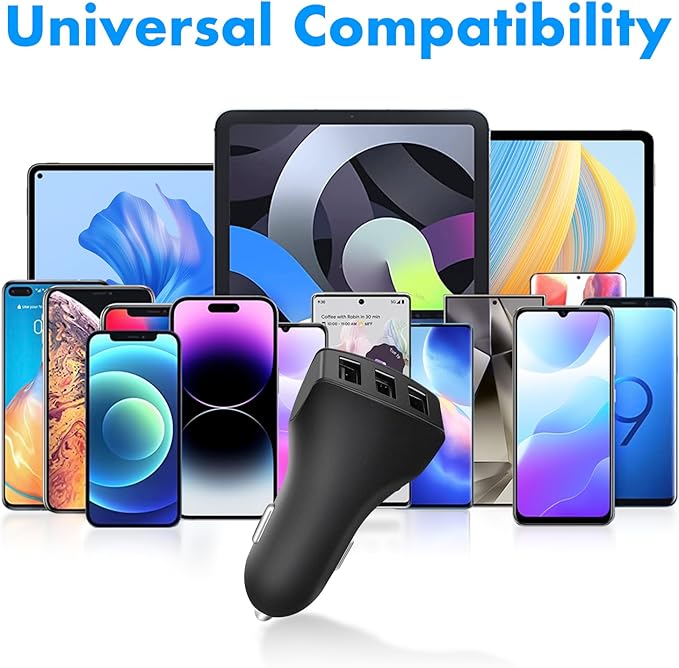 USB Car Charger, 24W 3 Ports Fast Car Charger Adapter, Compatible w/iPhone 15/14/13/12/11, Samsung Galaxy S24 Ultra/S23, Cigarette Lighter USB Chargers, Not Compatible w/Quick Charge