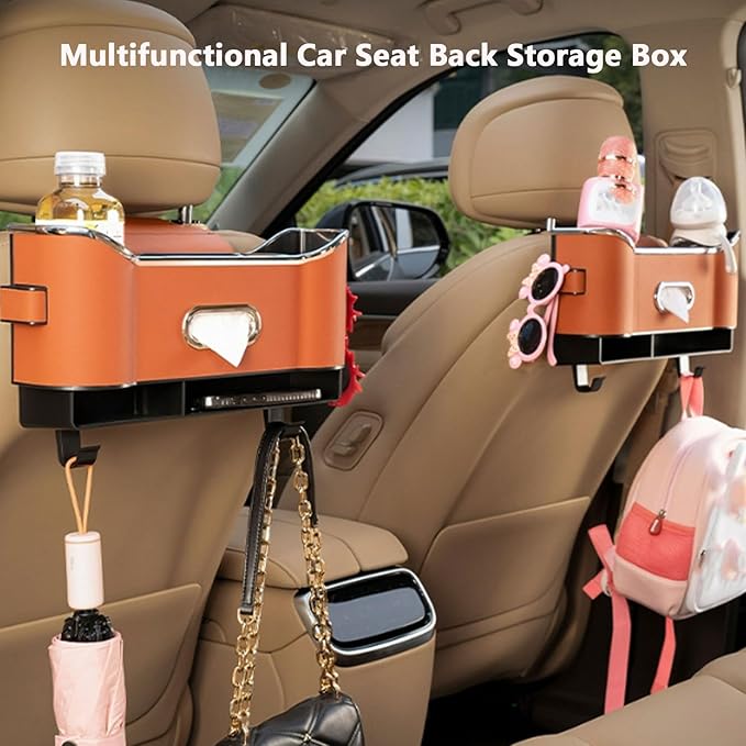 Multifunctional Car Seat Back Storage Box, Car Seat Tissue Box and Storage Box,Universal Car Tissue Organizer Back Seat with 2 Drink Cup Holder (Red)