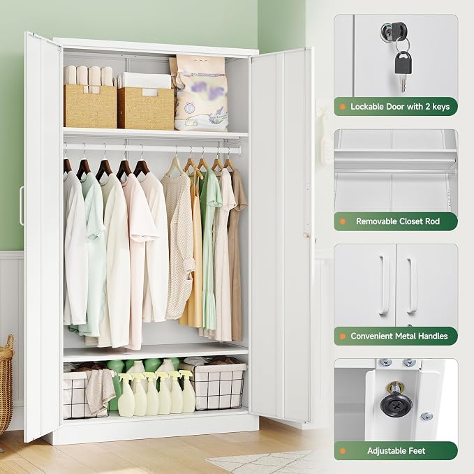 Letaya Metal Wardrobe Cabinets with Lock,Clothing Locker 72" X 36" X 18" Storage Cabinets for Home Room,Fire Department, School, Employee,Gym,Government (White)