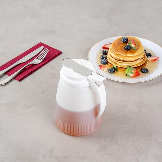 Restaurantware-Chef 101 48 Ounce All Purpose Syrup Dispensers, 10 Honey Dispensers - White Top, Stainless Steel Slide Cover, Plastic Pancake Syrup Bottle, Perfect For Diners, Restaurants, Home