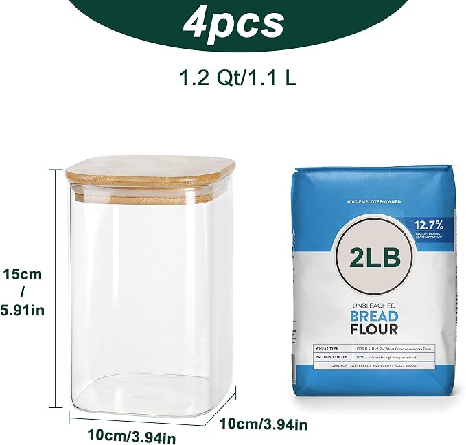 LIBWYS 4-Pack Glass Pantry Storage Containers with Bamboo Lids1.22Qt - Stackable Square Food Jars for Pantry Organization, Coffee, Flour, Snacks, Tea | Kitchen Canisters Set