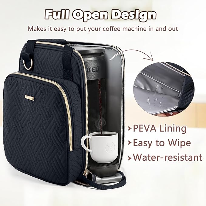BAGSPRITE Coffee Maker Travel Bag Compatible with Keurig K-Mini Mate, Full Open Carrying Case with Quilted Padded Soft Microfiber, K--Cup Single Serve Coffee Maker Bag with Pod Organizer, Mug Pockets