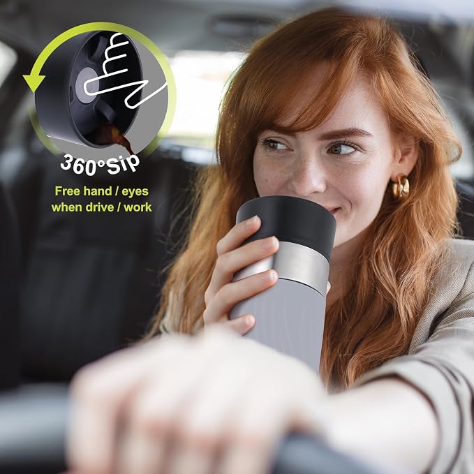 Travel Coffee Mug with 360°Lid, Travel Coffee Tumbler 16 oz Leak Proof, Stainless Steel Insulated Travel Mugs for Hot and Cold Spill Proof Leak Proof(Grey)