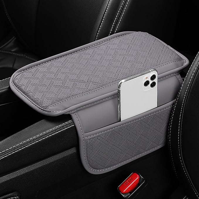 Car Armrest Cushion, Leather Soft Vehicle Center Console Cover with 2 Storage Bag, Breathable Automotive Interior Arm Rest Protection Pad Accessories, Universal for SUV Sedan Truck(Gray)